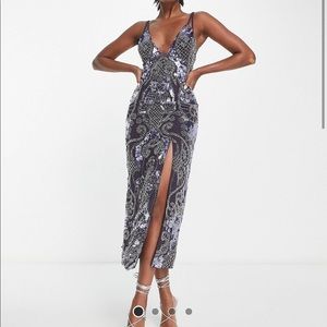 ASOS DESIGN strappy midi dress with floral embellished artwork and pearl detail